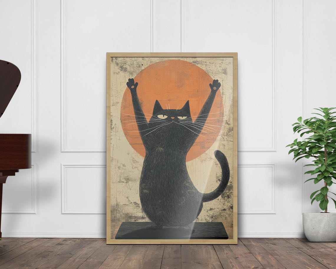 Zen Yoga Cat Stretch Pose Orange Sun Retro Meditation Wall Art - Image 5