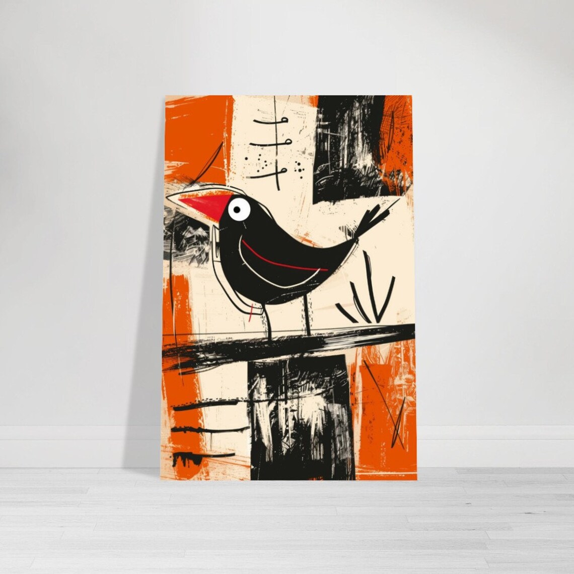 Abstract Black Bird Red Beak Bold Orange Brushstroke Modern Bird Print - Image 2