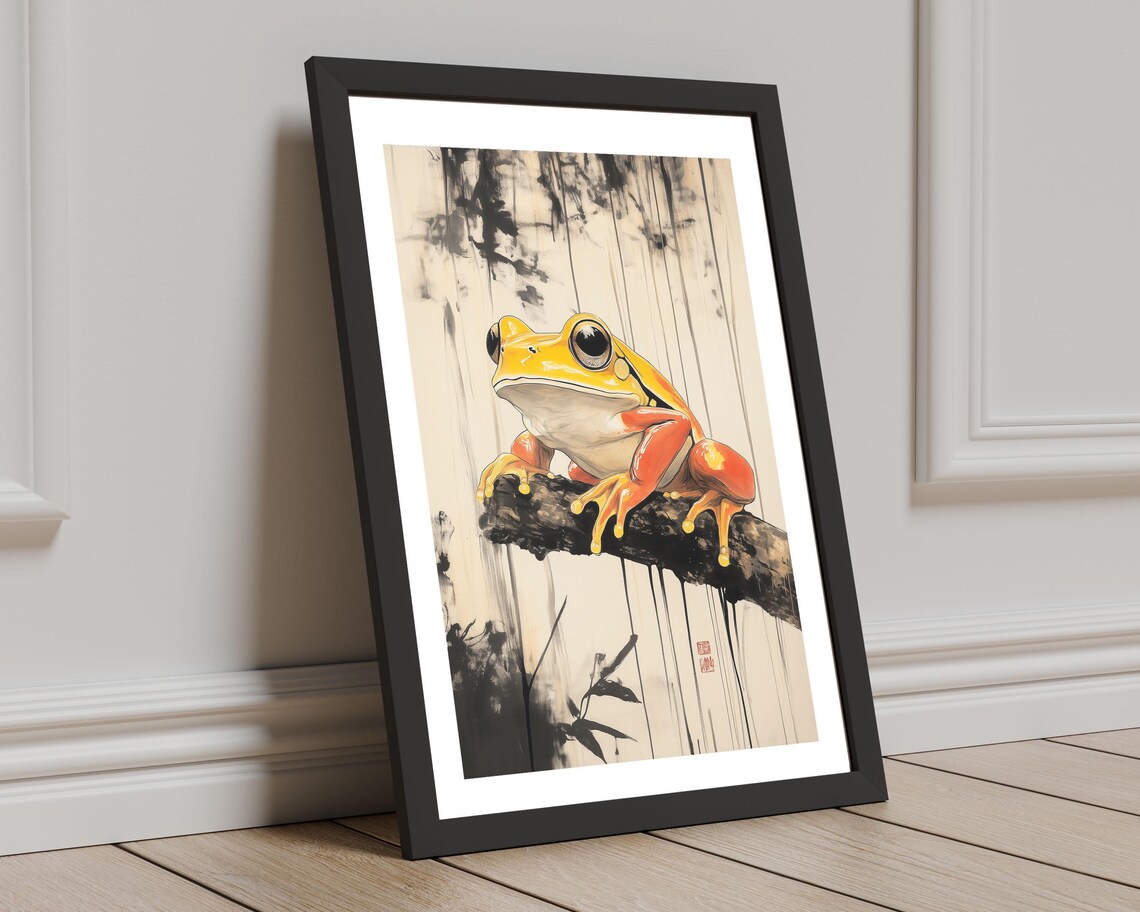 Japanese Sumi E Style Yellow Frog on Branch Ink Wash Wall Art - Image 5