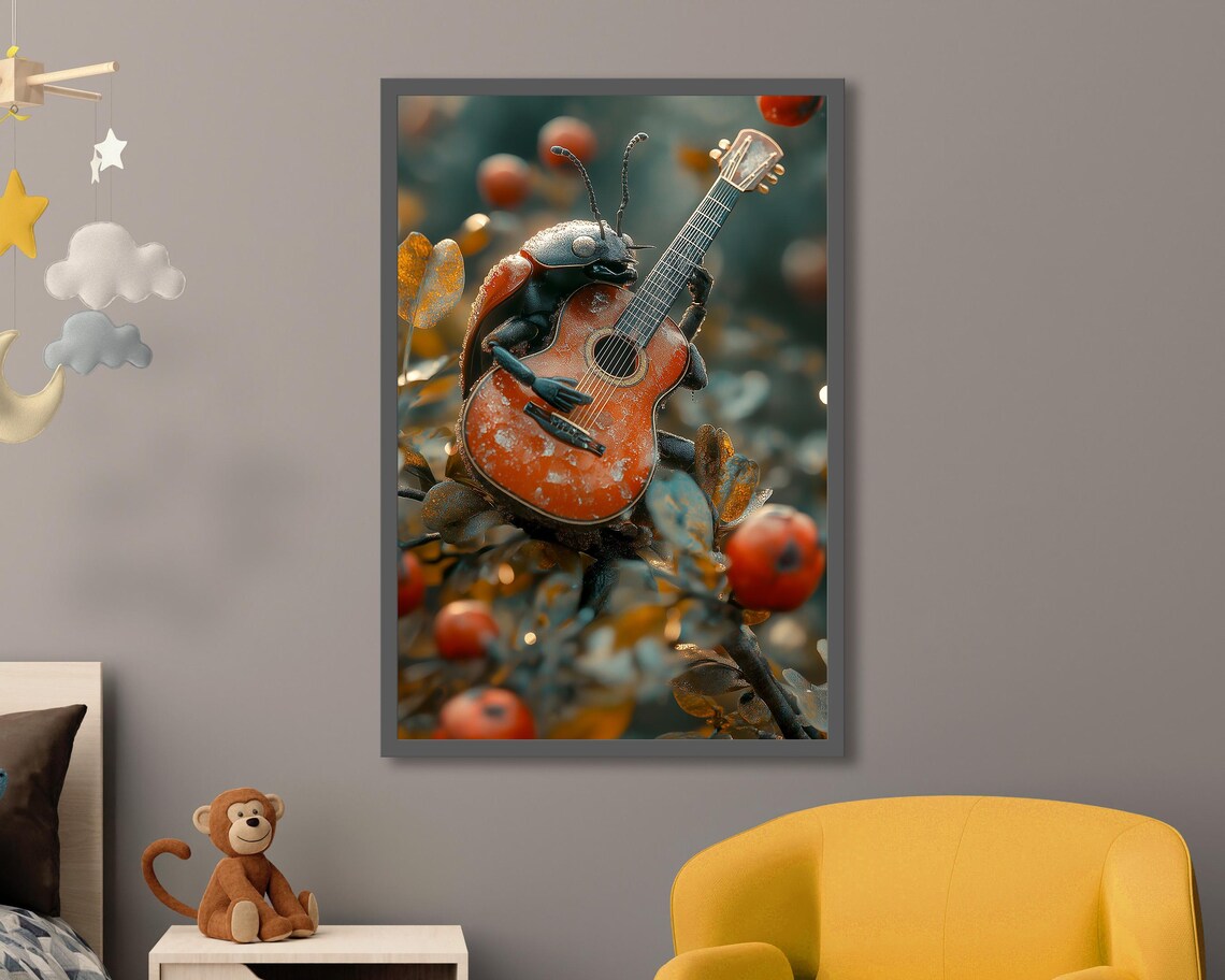 Ladybug Playing Acoustic Guitar On Berry Branch Nature Art Poster - Image 5