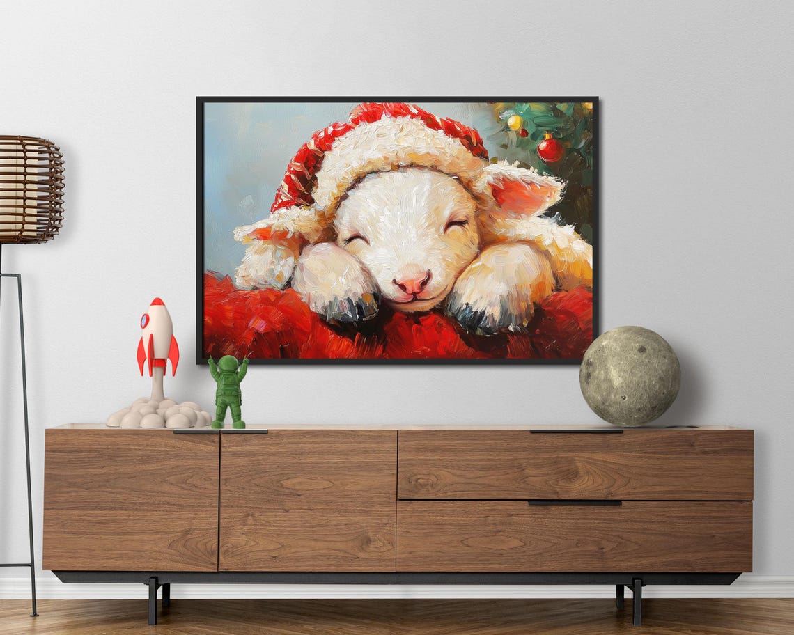 Sleeping Lamb In Santa Hat Cozy Christmas Oil Painting Art Poster - Image 4