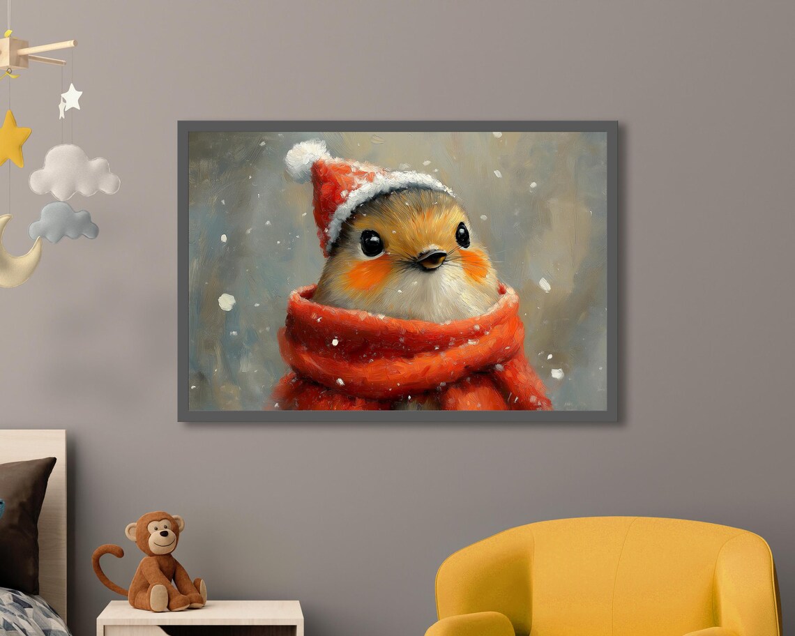 Robin Bird In Red Santa Hat And Scarf Snowy Christmas Art Poster - Image 3