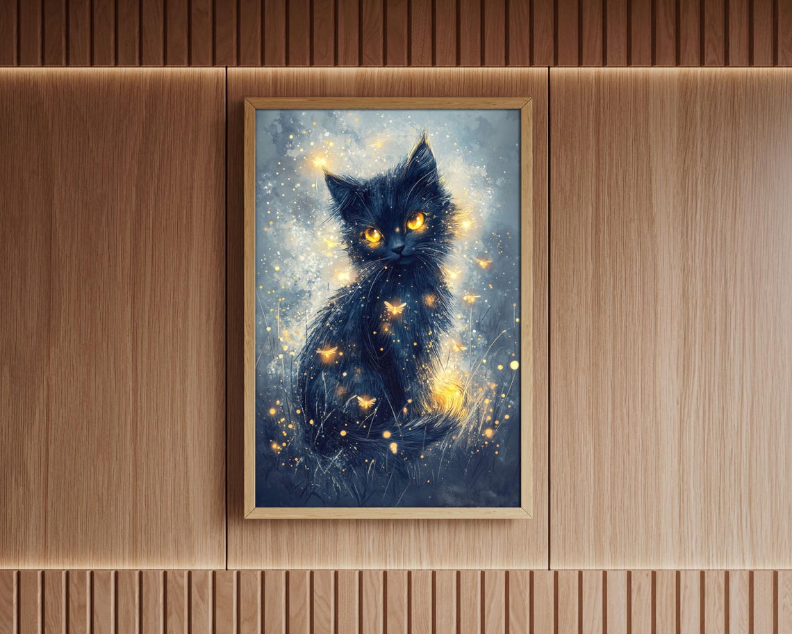 Mystical Black Kitten Golden Eyes Fireflies Magic Night Wall Art - Image 5
