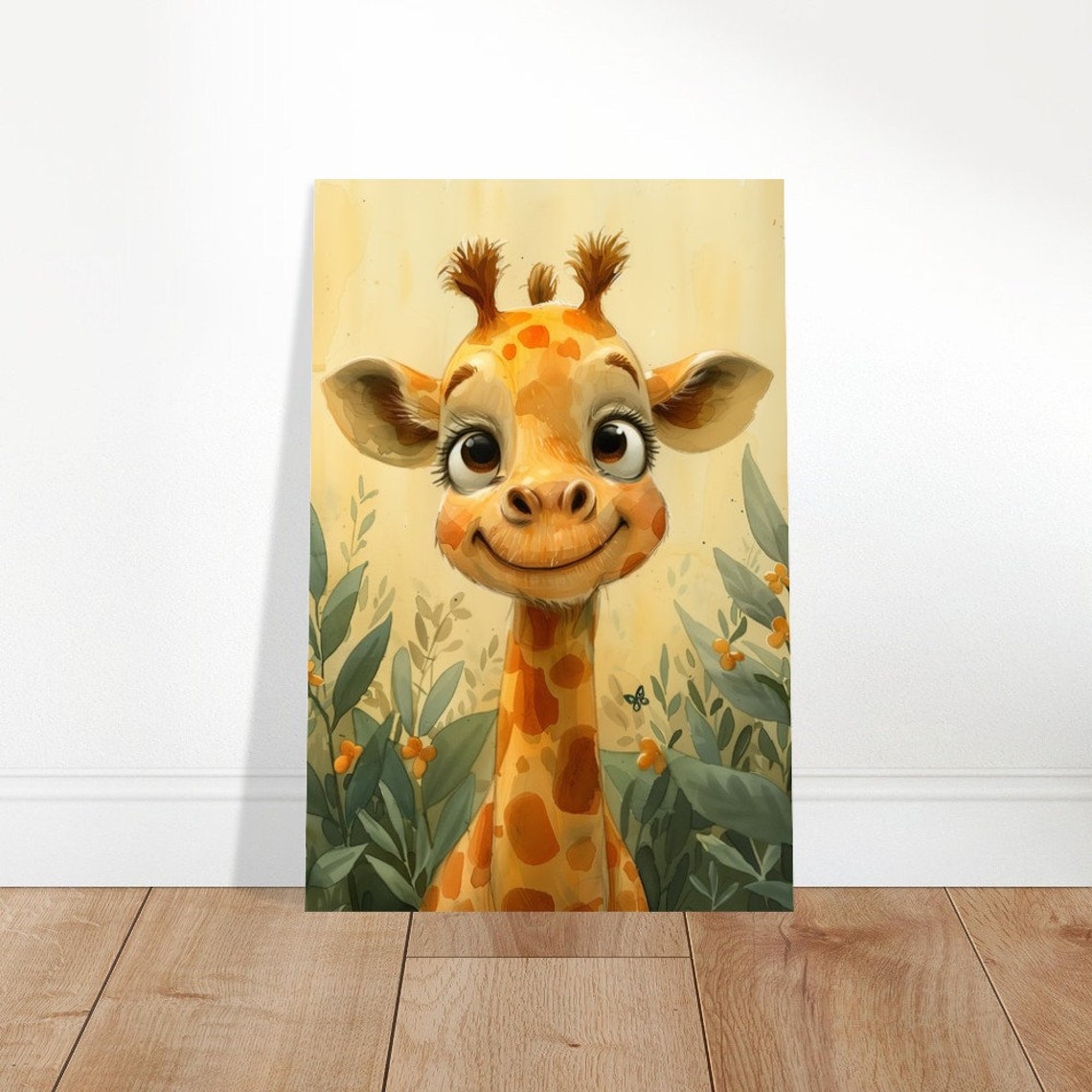 Smiling Baby Giraffe Watercolor Jungle Leaves Kids Nursery Wall Art - Image 4