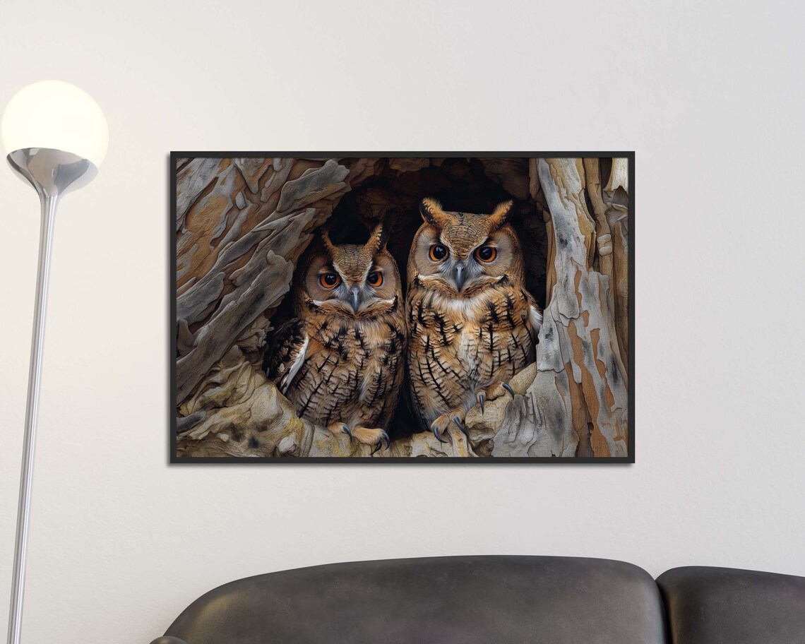 Owl Couple Peeking From Tree Hollow Wildlife Photography Poster - Image 3