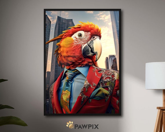 Elegant Parrot Fine Art Print Vibrant Bird Portrait Modern Wall Art Unique Gift For Bird Lovers Pop Art Parrot In Suit Bold Bird Decor