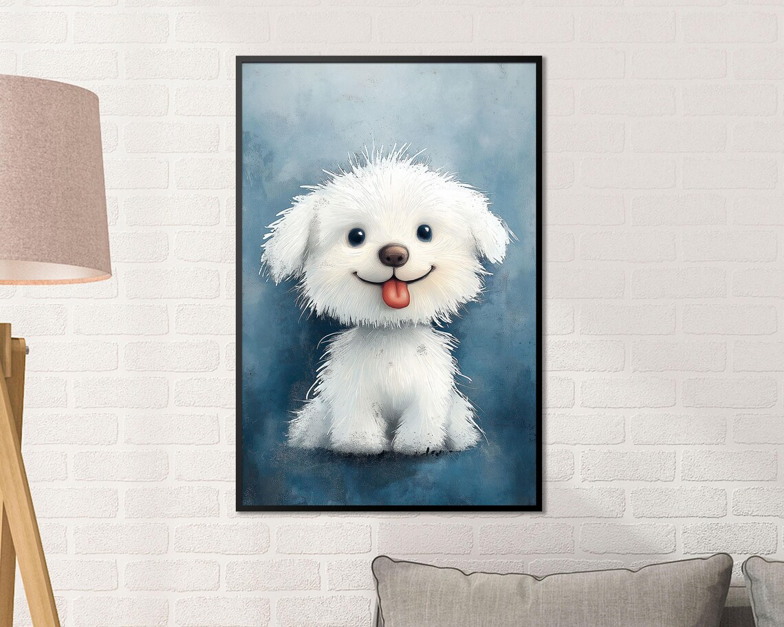Happy White Fluffy Puppy Tongue Out Cute Cartoon Dog Art Poster - Image 2