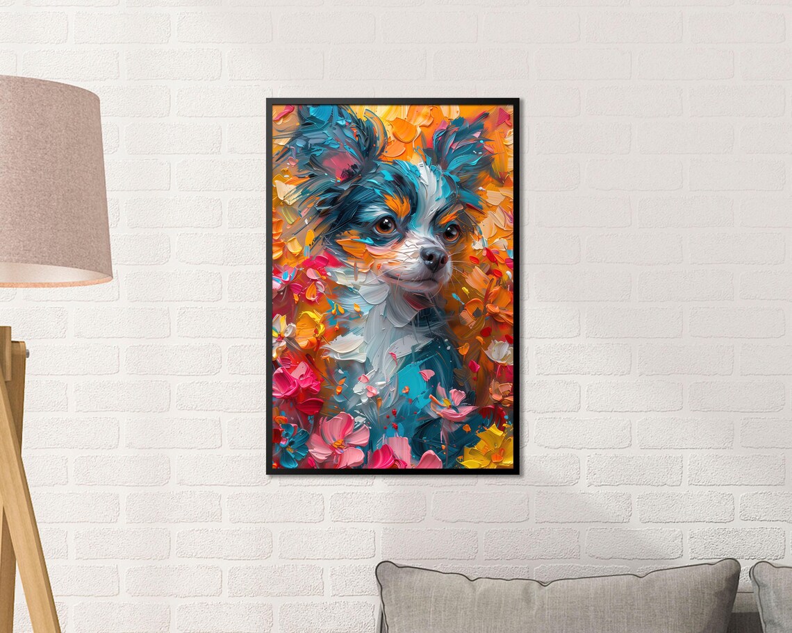 Colorful Impasto Dog Among Bright Flowers Vibrant Floral Wall Art - Image 3