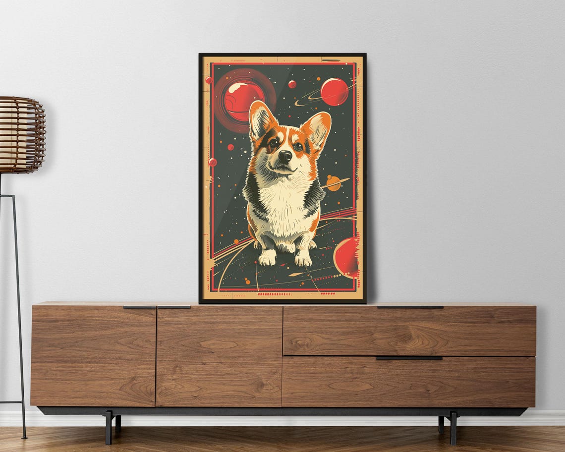 Corgi Dog In Retro Space Poster With Planets Cosmic Art Print