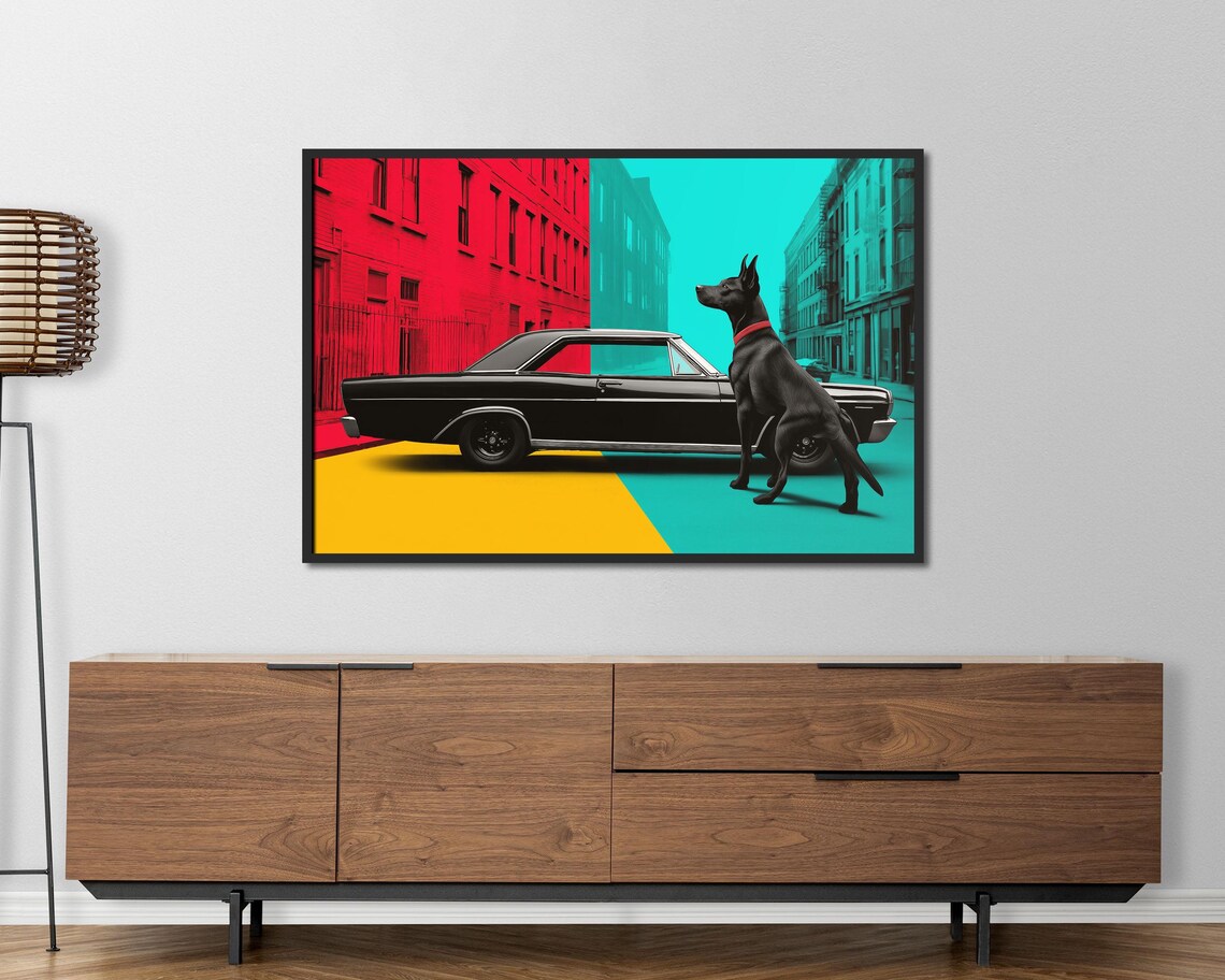 Retro Pop Art Black Dog With Classic Car Bold Color Block Urban Poster