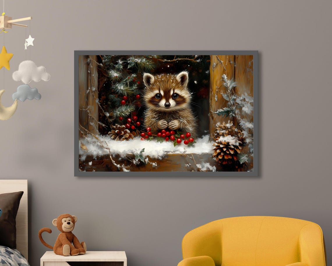 Raccoon Peeking Through Snowy Window With Red Berries Art Poster - Image 3