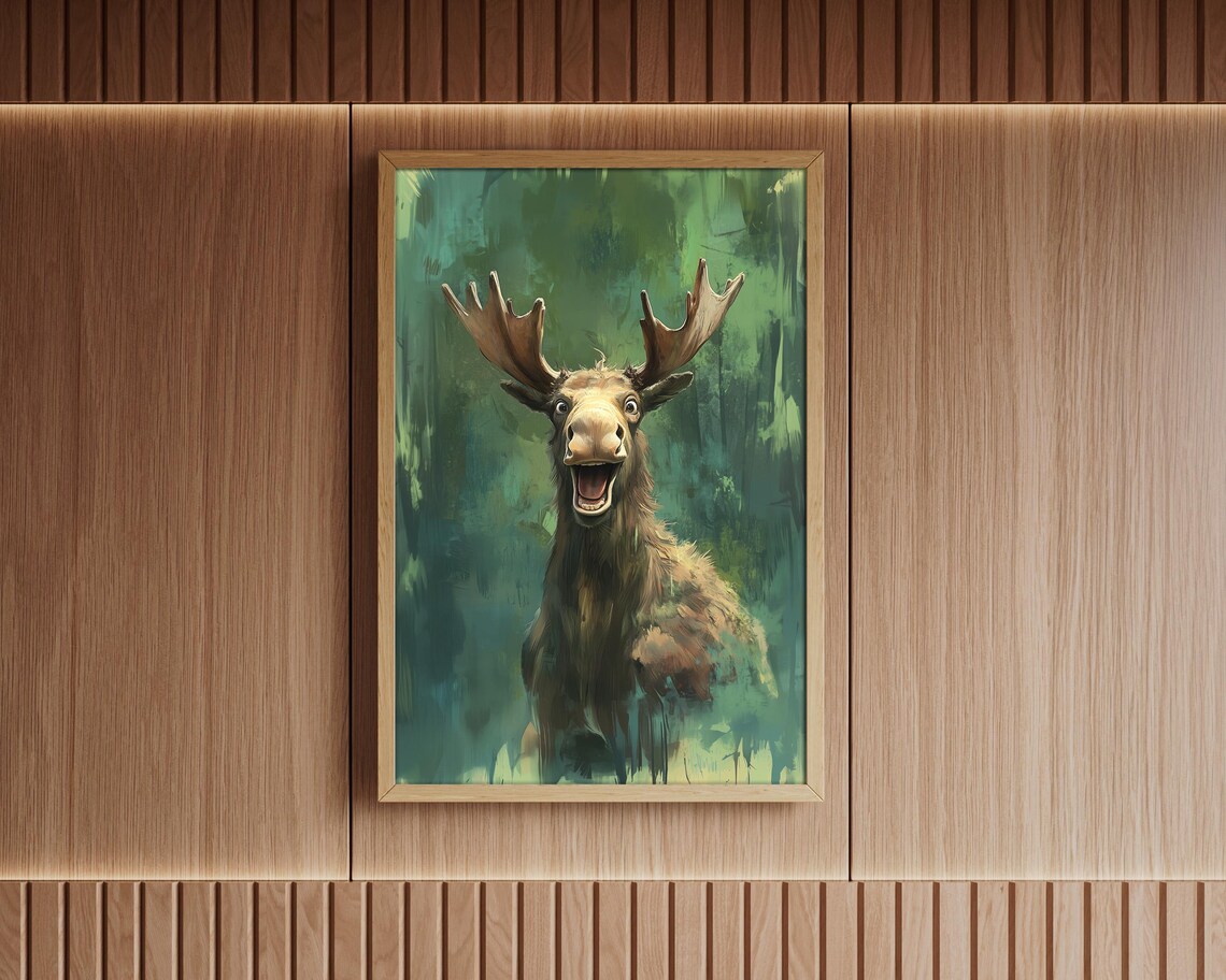 Laughing Moose Happy Wild Forest Animal Painting Green Canvas Poster - Image 6