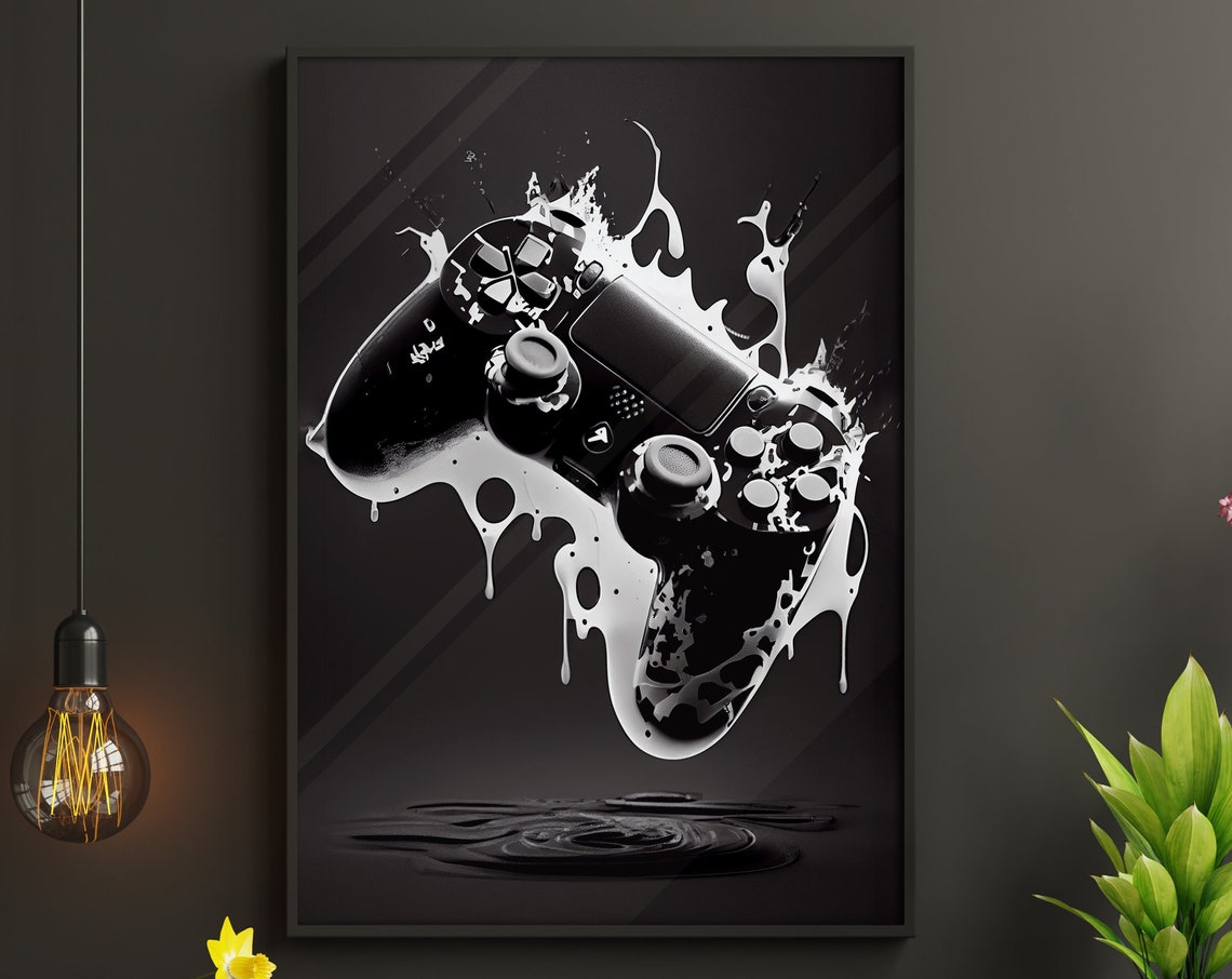 Black and White Gaming Controller Paint Splash Room Decor Poster