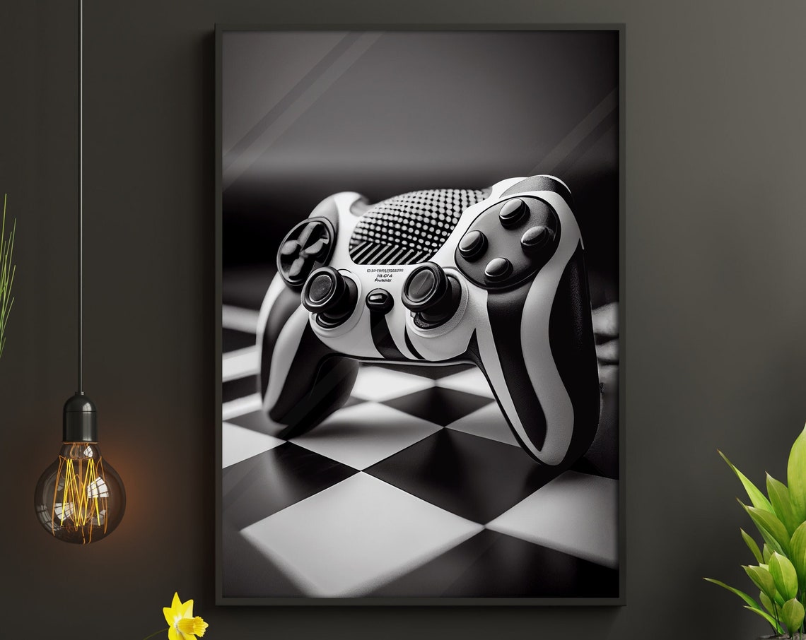 Black And White Game Controller On Checkered Floor Optical Art Poster