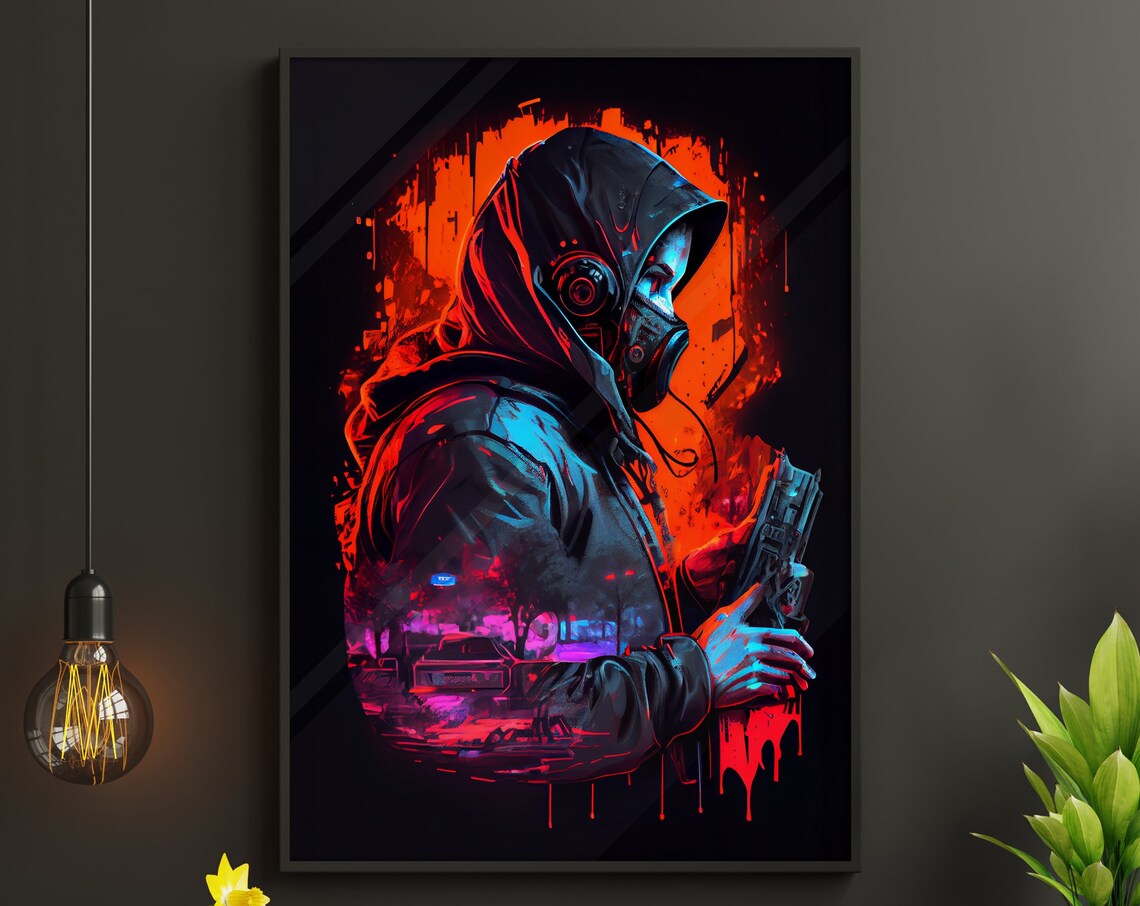 Cyberpunk Hooded Gas Mask Figure Holding Gun Neon Graffiti Art Poster