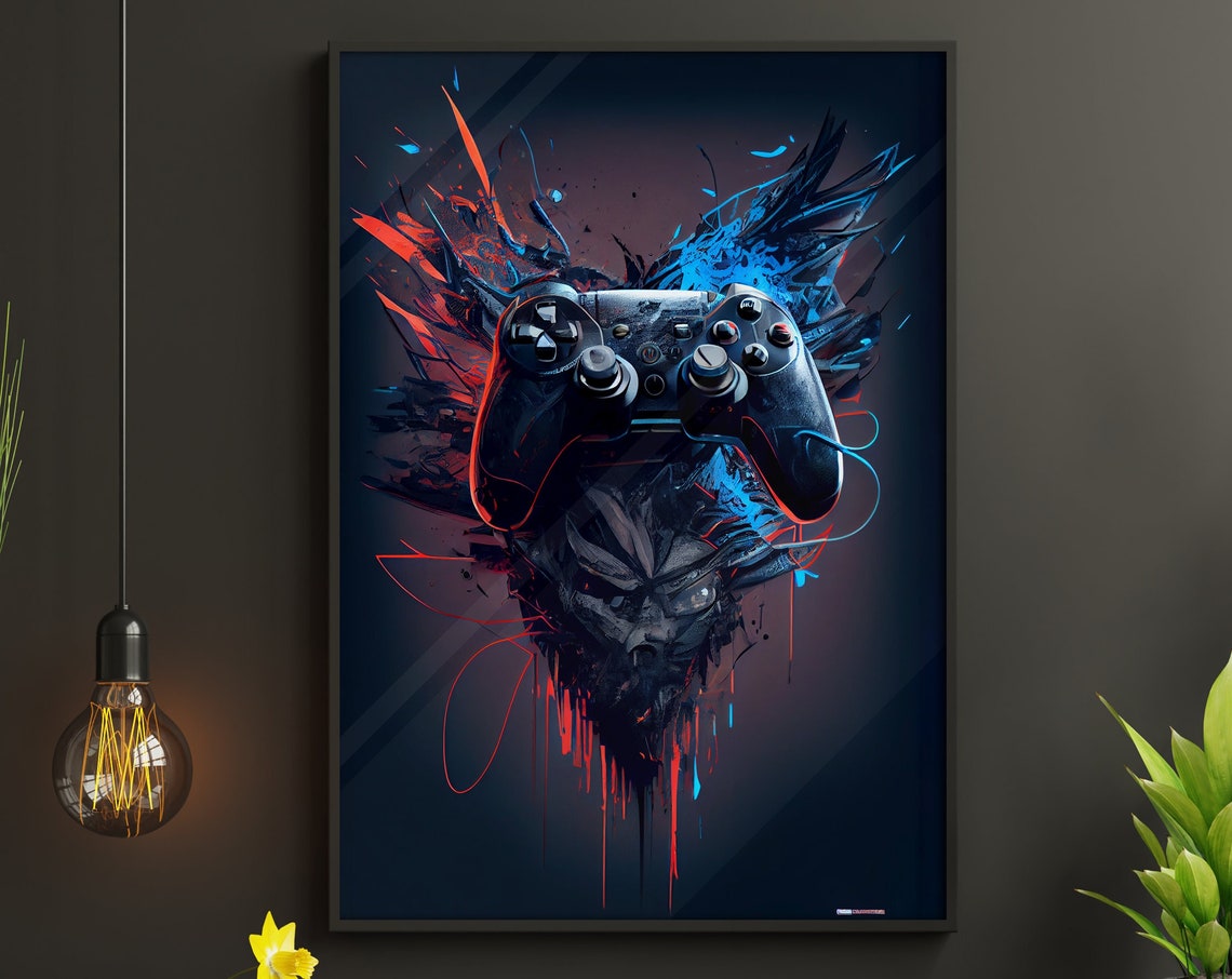 Dark Controller With Demon Face Red Blue Splash Art Gaming Poster