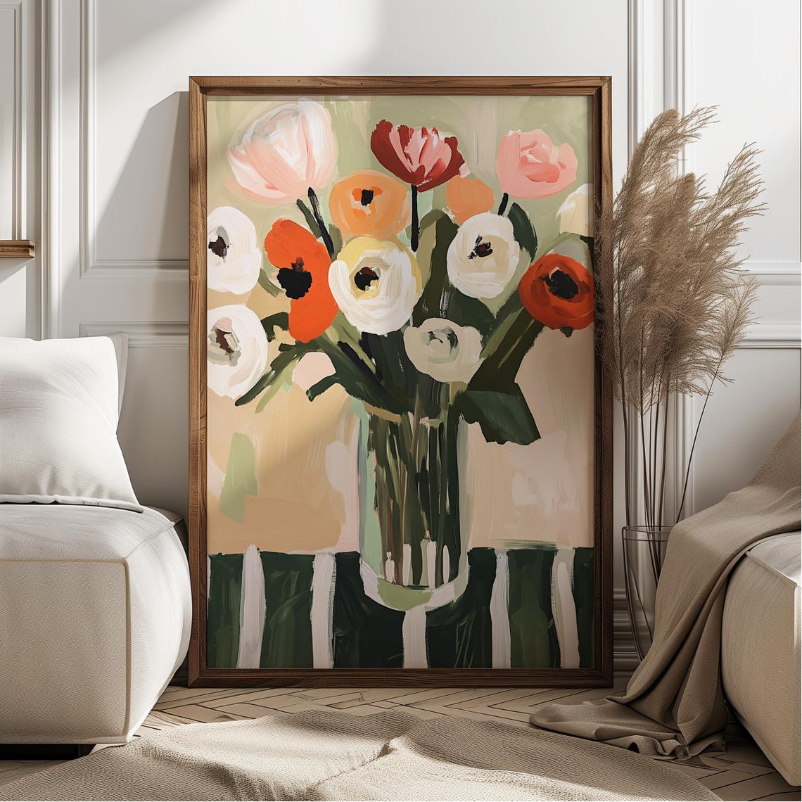 Sage Green Minimalist Floral Bouquet Still Life Painting Poster