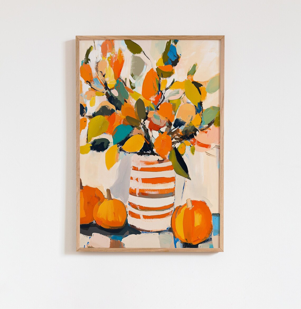 Fall Abstract Oil Painting, Autumn Leaves and Pumpkin