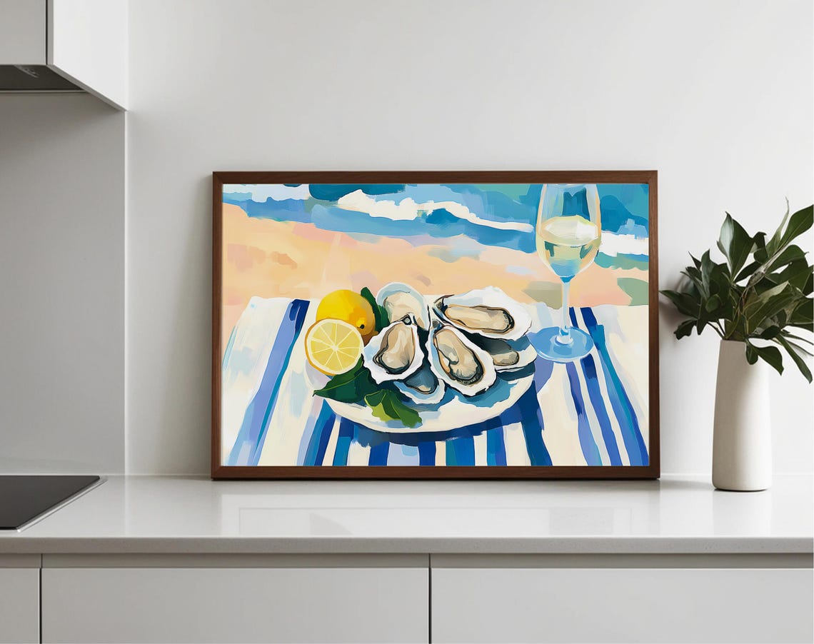 Oysters Plate On The Beach Lemon Wine Coastal Kitchen Art Poster
