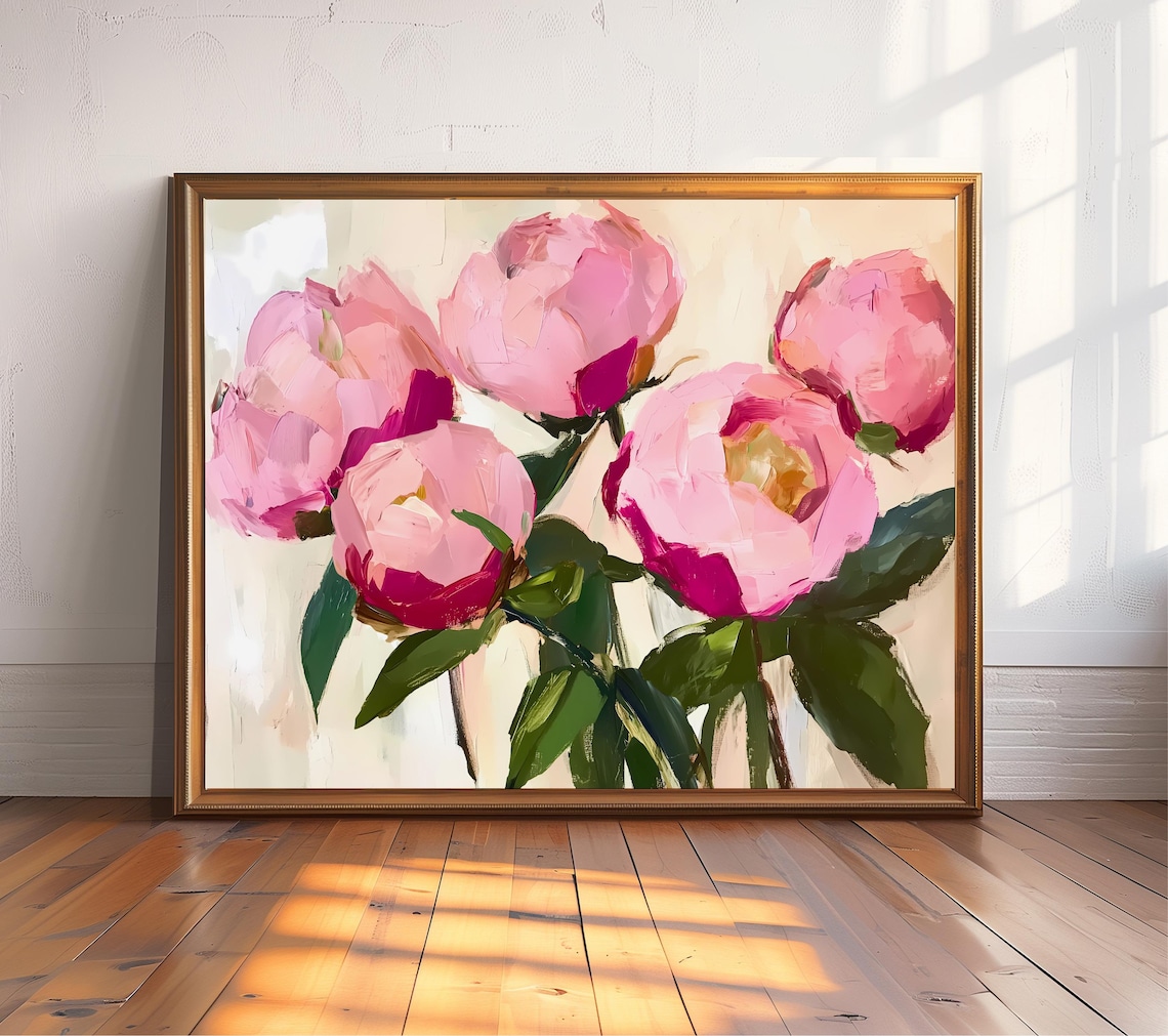 Five Pink Peonies, Matisse-Inspired Floral Art Print