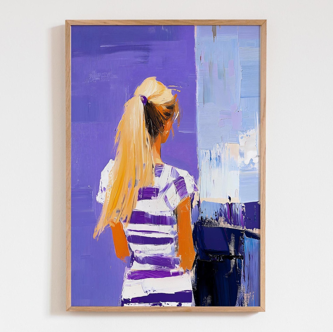 Blonde Woman Ponytail Abstract Purple Striped Top Painting Poster
