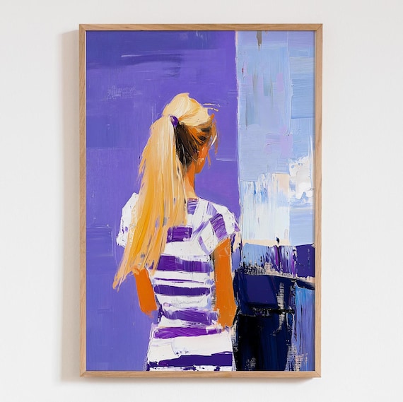 Blonde Woman Ponytail Abstract Purple Striped Top Painting Poster