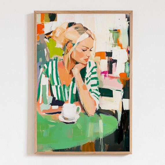 Blonde Woman Abstract Art Poster Modern Acrylic Cafe Wall Print Colorful Green Striped Shirt Decor