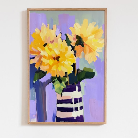Yellow Dahlia Oil Painting Print Floral Wall Art Matisse Style Bold Brush Strokes Colorful Minimalist Flower Poster Gift For Lovers