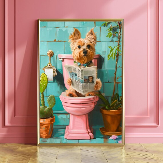 Yorkshire Terrier Bathroom Funny Art Print Poster Cute Dog Print For Pet Lovers Beige Dog On Toilet Quirky Bathroom Decor