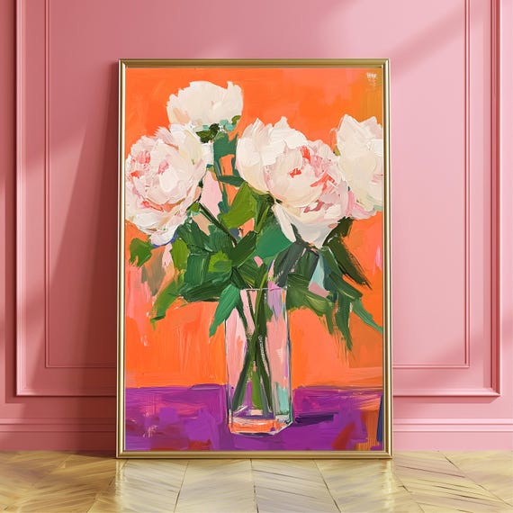 Pink Peonies Oil Painting Print Matisse Style Floral Wall Art Colorful Vase Artwork Modern Impressionist Flower Poster