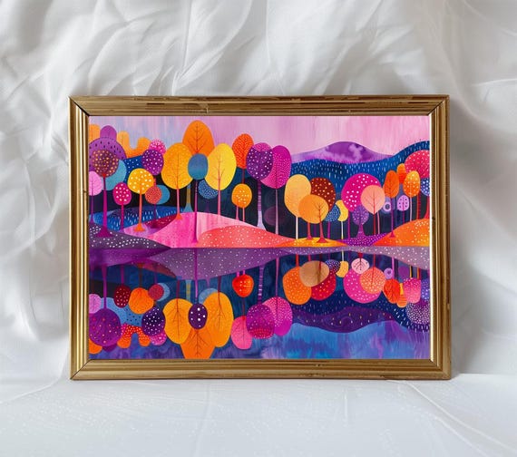 Vibrant Whimsical Forest Lake Acrylic Painting Art Print Bold Forest Art Poster Print Eclectic Colorful Wall Decor