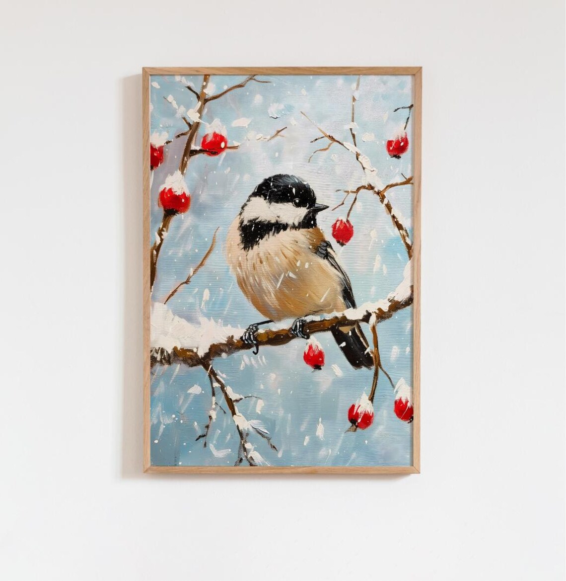 Winter Chickadee Bird on Snowy Berry Branch Oil Painting Poster