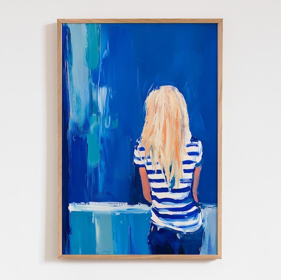 Vibrant Blue Abstract Blond Girl Art Print Colorful Woman Poster Acrylic People Wall Decor Modern For Home