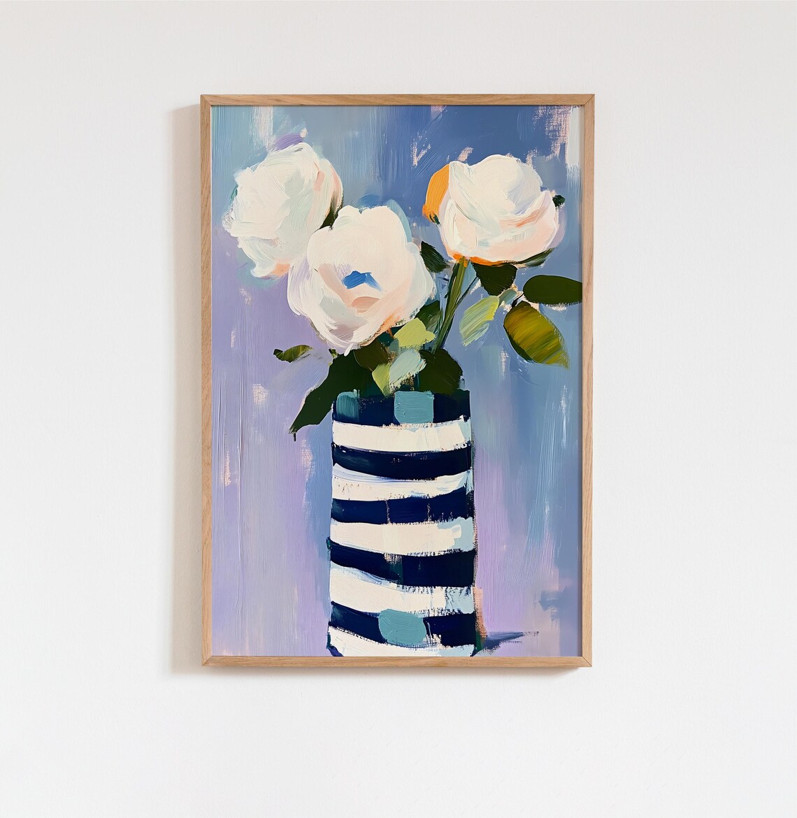 White Roses In Striped Vase Bold Floral Oil Painting Art Poster