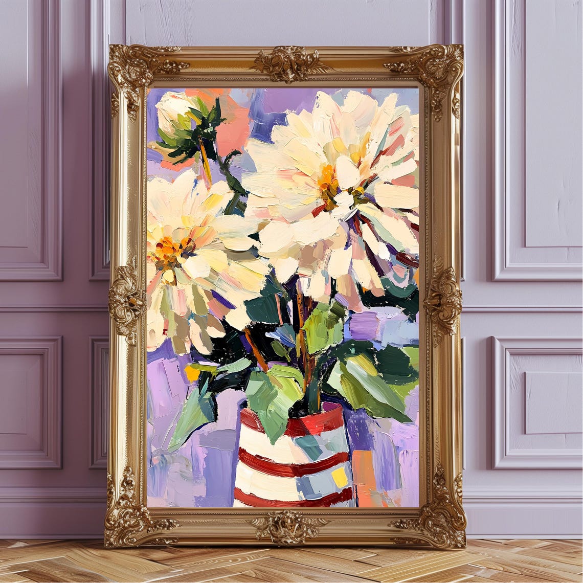 White Dahlia Blossoms Oil Painting Textured Floral Art Poster