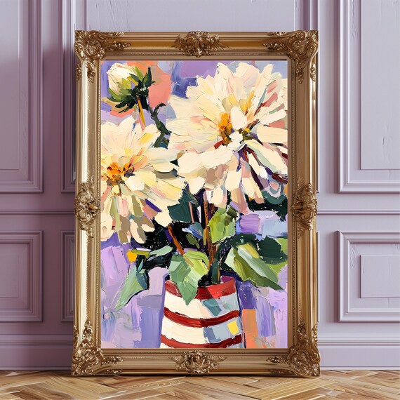 Large White Dahlia Oil Painting Bold Floral Art Print Textured Brush Strokes Colorful Abstract Wall Flower