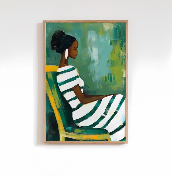 Woman In Striped Dress Green Yellow Abstract Portrait Painting Poster