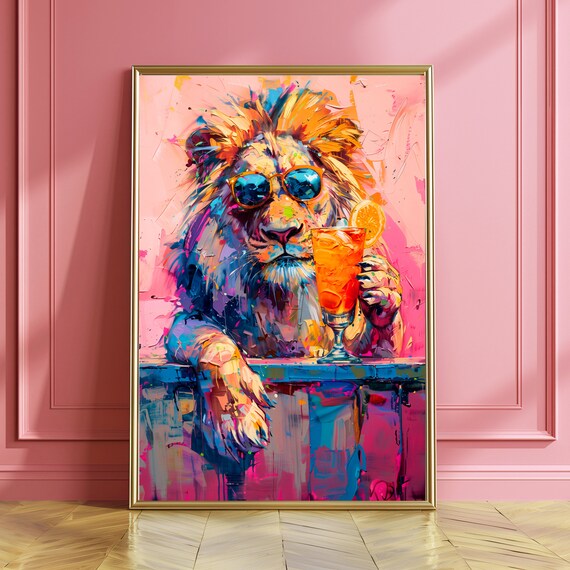 Cool Lion With Sunglasses Drinking Cocktail Colorful Bar Poster
