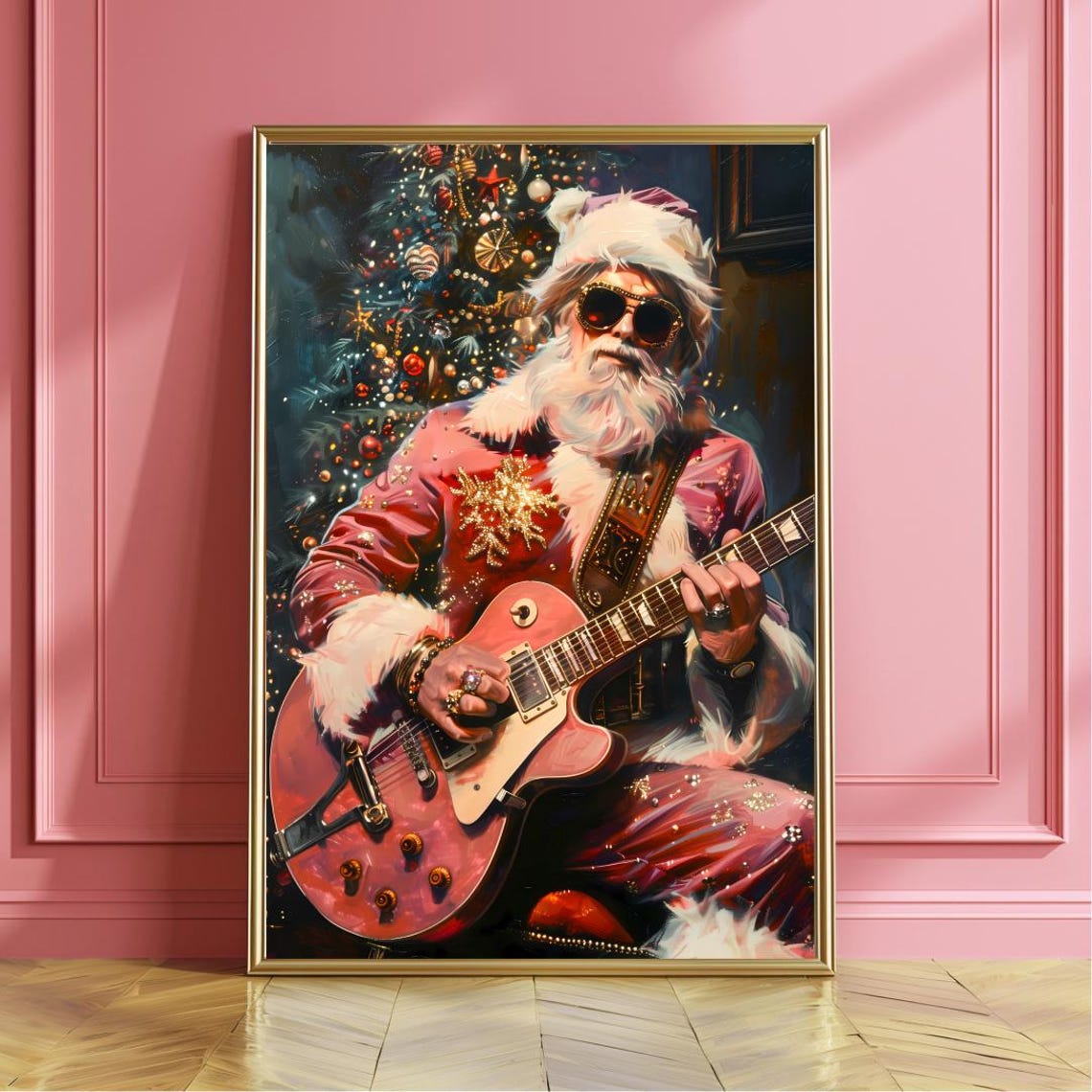 Rock Star Santa With Sunglasses Playing Electric Guitar Poster