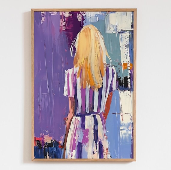 Blonde Woman Striped Dress Abstract Purple Blue Painting Poster