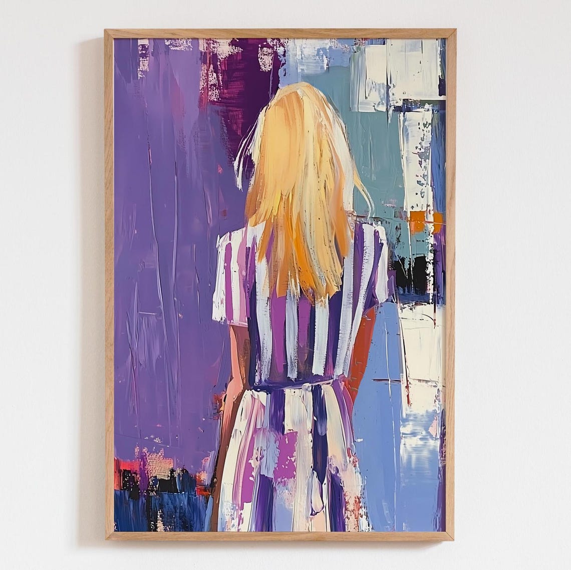 Blonde Woman Striped Dress Abstract Purple Blue Painting Poster