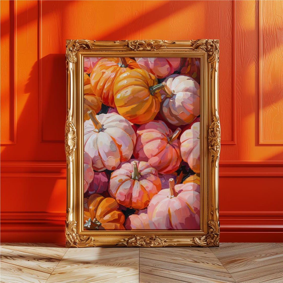 Pink And Orange Pumpkins Pile In Ornate Gold Frame Harvest Poster
