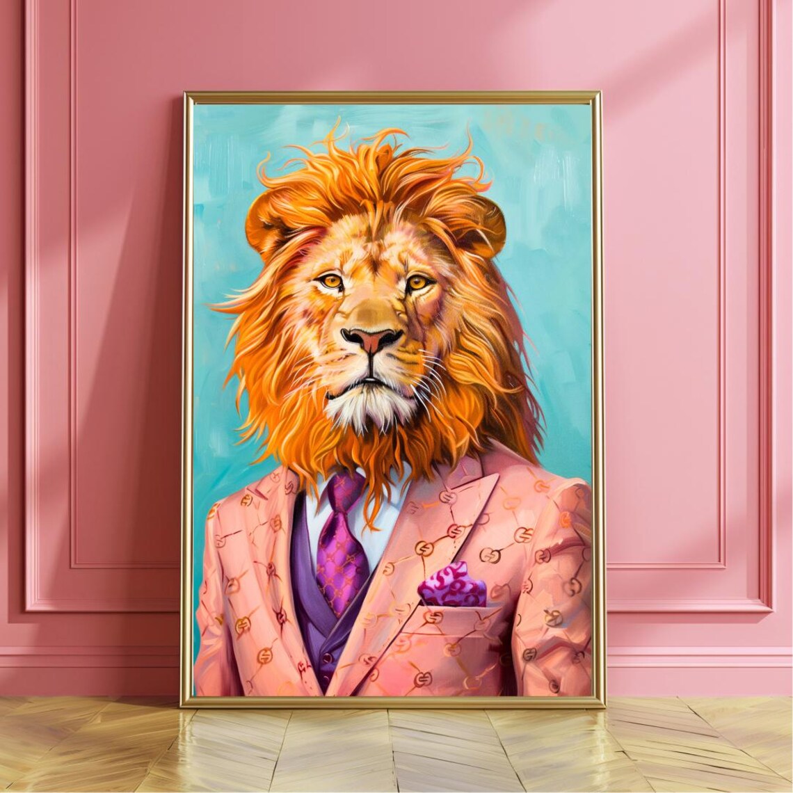 Lion In Suit Funky Fashion Art Print, Maximalist