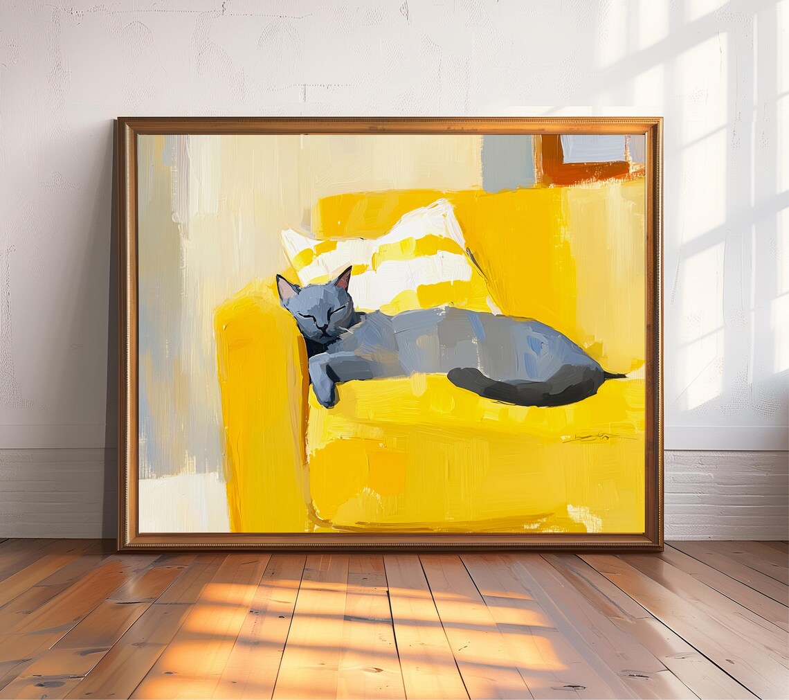Grey Cat Sleeping on Yellow Sofa, Cozy Modern Art Print