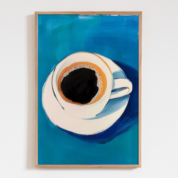 Royal Blue Coffee Cup Art Print, Kitchen Bar Decor