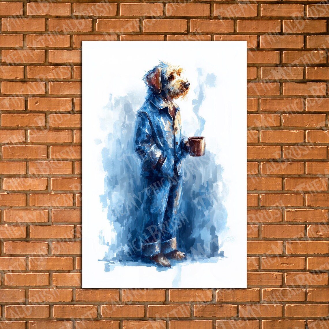 Watercolor Scruffy Dog in Blue Pajamas Holding Coffee Poster