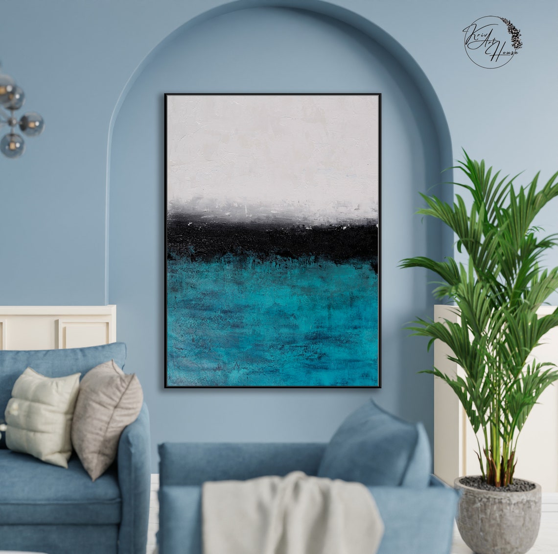 Minimalist Black White Teal Ocean Bands Abstract Art Wall Print - Image 4