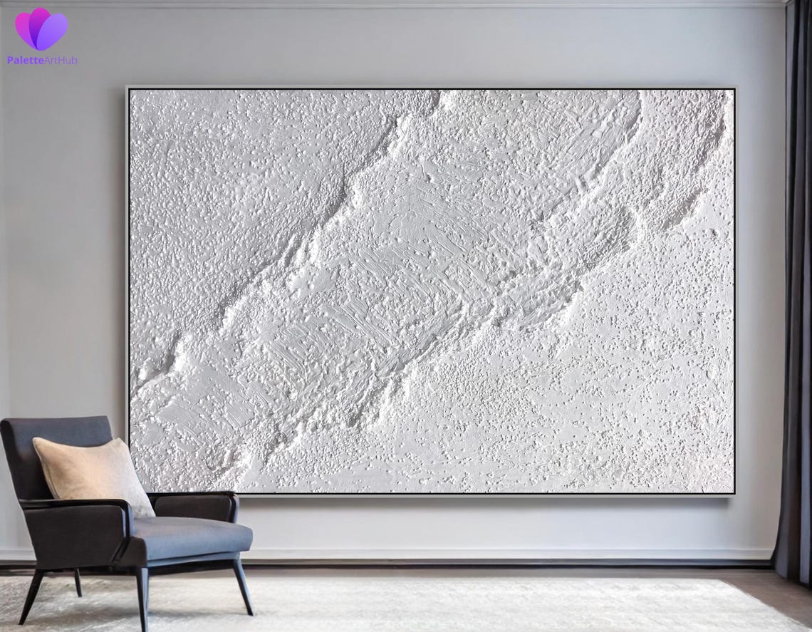 All White Heavy Textured 3D Minimalist Abstract Impasto Poster - Image 3