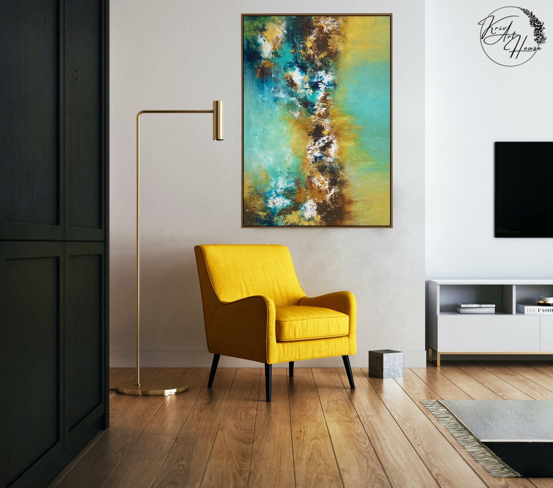 Turquoise and Gold Abstract Landscape Textured Modern Art Poster - Image 2