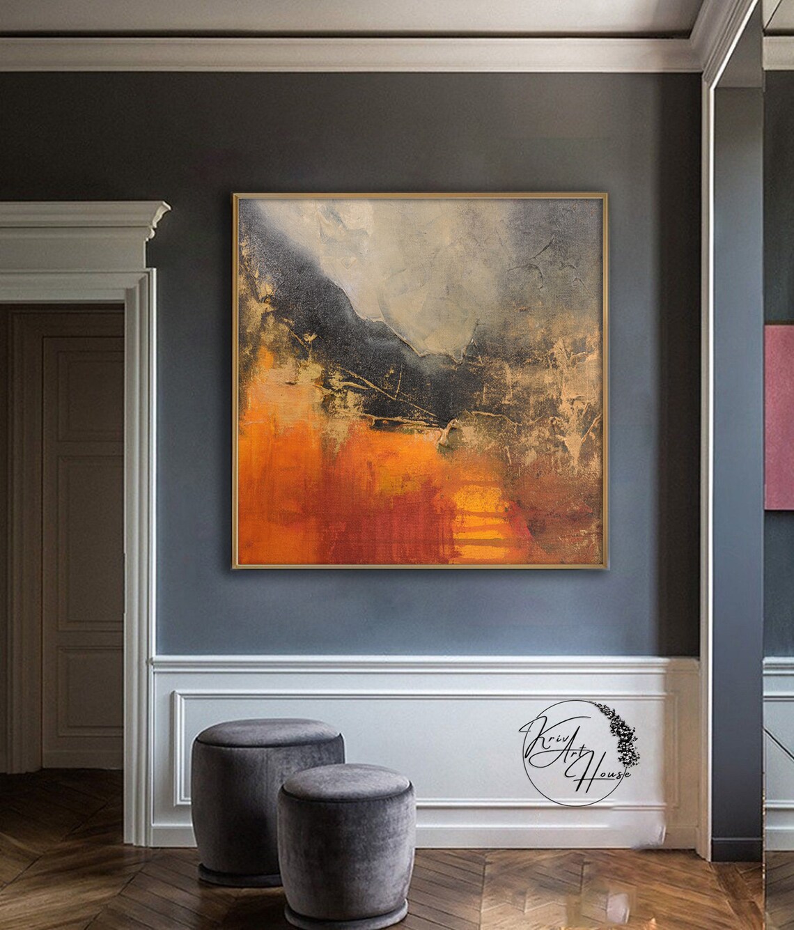 Orange and Black Abstract Acrylic Wall Art Print - Image 3